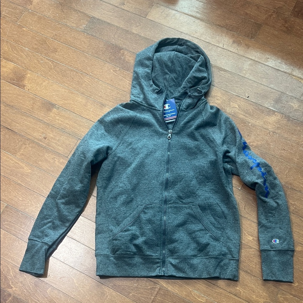 Champion Dark Gray Hoodie with Blue Logo